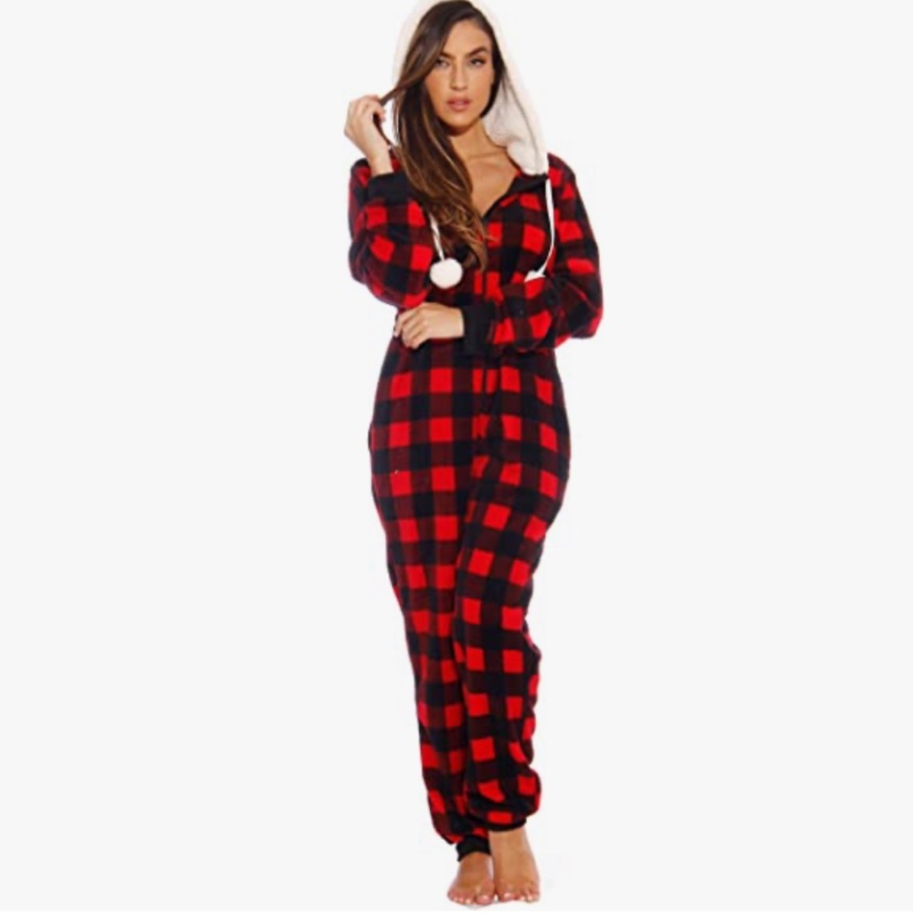 Steve Red Black Buffalo Plaid Flannel Sherpa Hood Lounging Jumpsuit Pajamas New